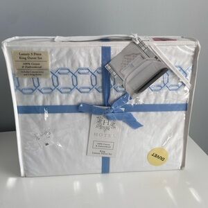 King size cotton duvet cover shams, white blue embroidery Hotel collection